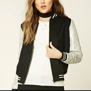 Forever 21 Black suede and silver sequin bomber varsity jacket